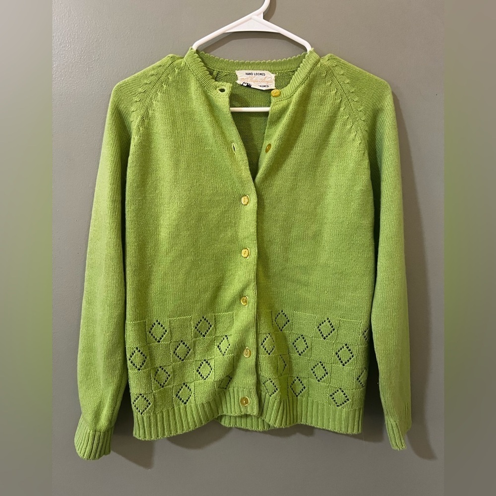 Vintage rare  Hand Loomed Acrylic lime Cardigan- Medium